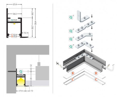 profil LED FRAME14 BC/Q 3000 alu.sur.