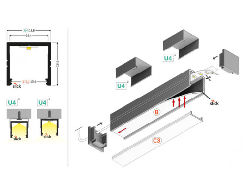 профиль LED SMART16 BC3/U4 1000 сырой алюминий